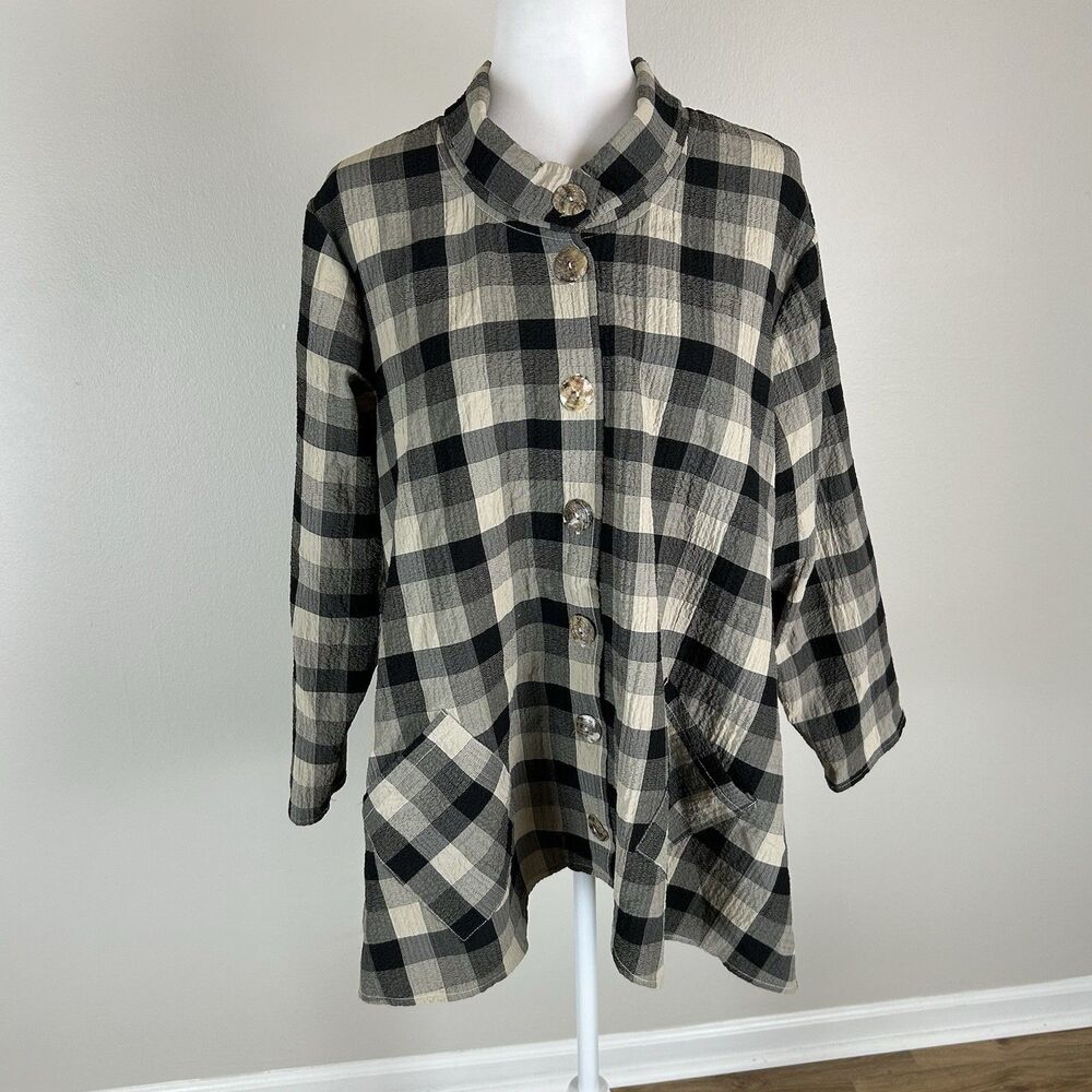 Habitat Clothes To Live In Shirt L Gray Black Plaid Pockets Lagenlook Blouse